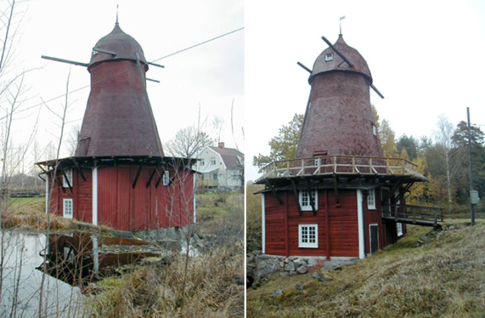 Utsidan av Kånsta kvarn som ligger ungefär två och en halv kilometer öster om byn Sköllersta.