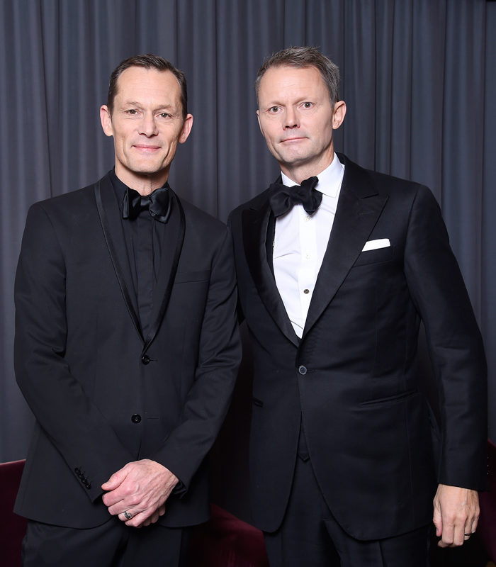 Måns Herngren och Felix Herngren vid pressträff för Solsidan 2017.